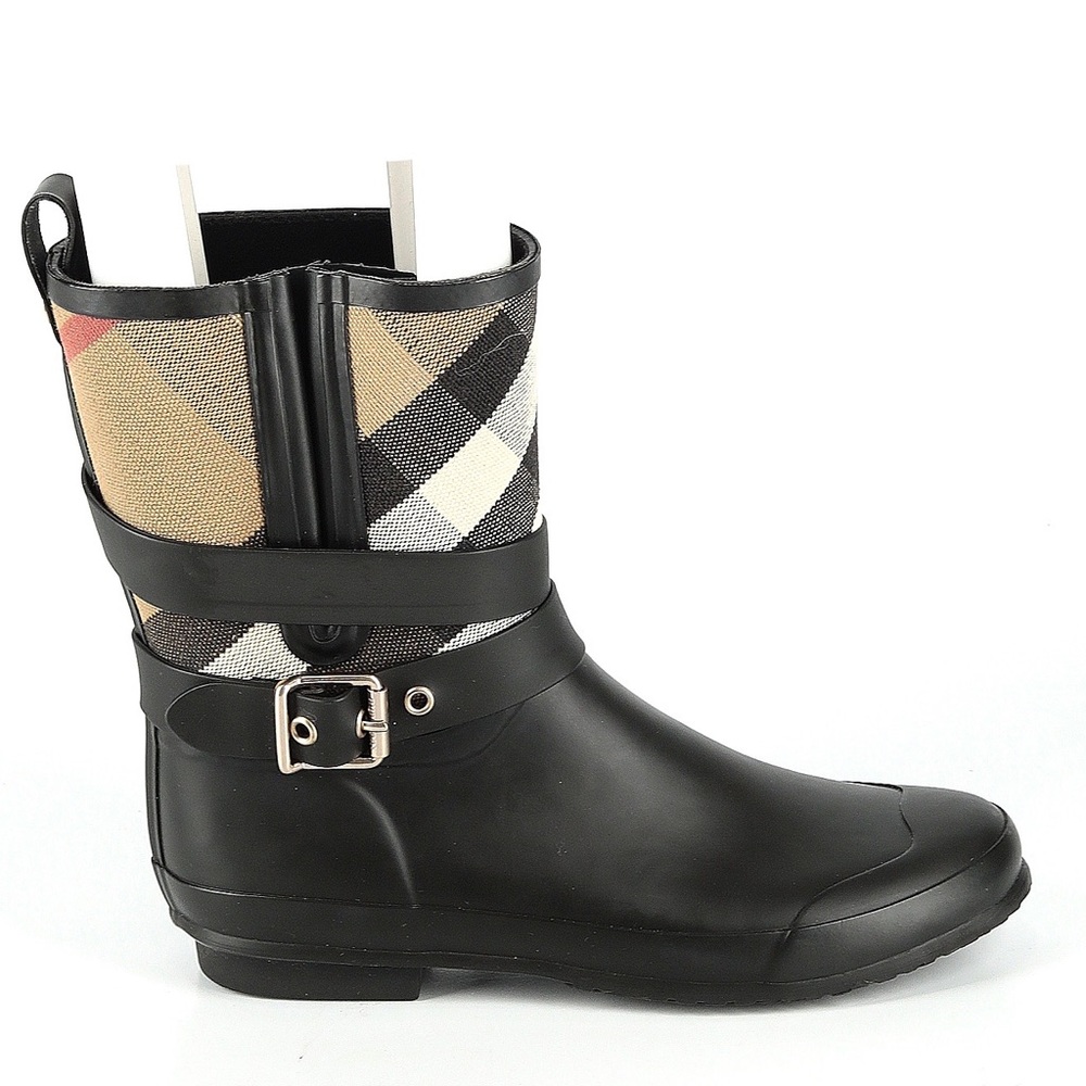 Burberry Rubber Plaid Print MIDI Rain Boots with Buckles Black Size: 6 | EUR 36
